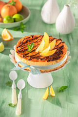 Sweet and homemade cheesecake made of fresh fruits and chocolate.