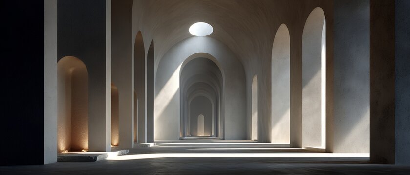 long hallway with arches and clerestory windows