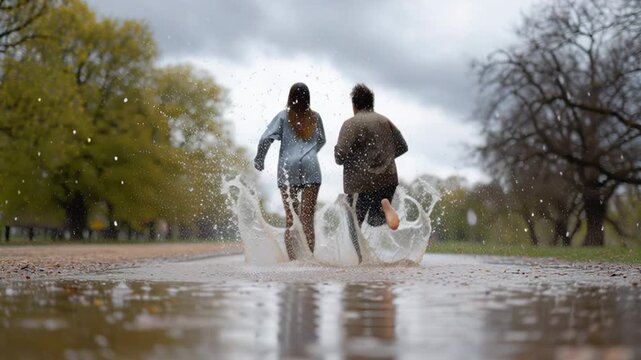 The image shows a young man and woman gleefully running barefoot through a big puddle on a path in a public park, seen from behind. They are enjoying themselves after a refreshing rain shower