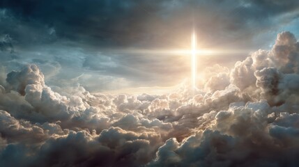 Bright sunlight shines through dense clouds highlighting a cross in the center. The scene shows a moment of inspiration in the sky evoking a sense of reflection and hope.