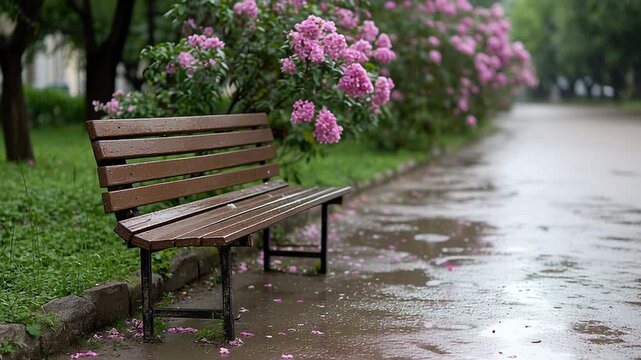 Wooden bench sits empty in a quiet summer park as gentle rain falls, pink lilac blossoms and scattered petals dot the wet grass and puddled path, peaceful and slightly melancholy