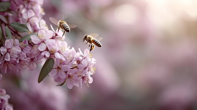 Two honey bees are seen gathering nectar and pollen from vibrant pink flowers in a garden setting during the spring season. The insects are actively pollinating the plants in the beautiful scene