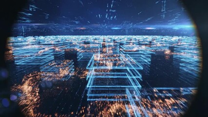 Abstract digital network overlay on illuminated cityscape with glowing blue lines and data connections technology concept - Powered by Adobe