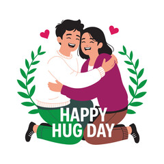 Happy Hug Day Illustration – Romantic Couple Embracing with Hearts and Decorative Leaves