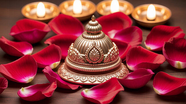 Serene arrangement of glowing diya candles and vibrant red rose petals around a traditional golden religious artifact