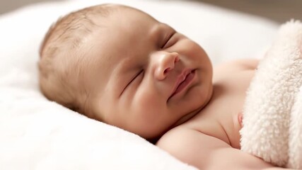 Close up of an adorable newborn baby peacefully sleeping on a fluffy white blanket. The sweet little one wears a content smile while lost in dreamland