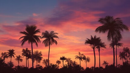 Obraz premium Palm trees silhouette against a colorful sky during sunset showcasing warm shades of orange and purple in the evening light. Nature creates a beautiful scene.