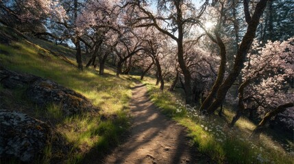 Obraz premium A trail winds through a grove of trees with pink flowers in full bloom. Sunlight filters through the branches casting shadows on the ground. A sense of nature thrives in the air.