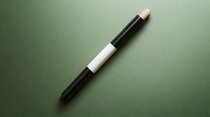 Elegant dual-ended concealer stick with creamy beige tip rests diagonally on a textured deep sage green surface