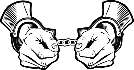 Black and white illustration of hands in handcuffs