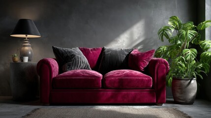 Luxurious red velvet sofa with plush cushions. The rich color adds warmth to modern interiors. A stylish choice for living rooms or lounges. Perfect for comfort and design. AI