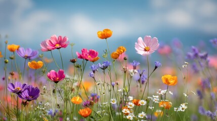 Obraz premium A variety of flowers in different colors grow in a field. The sun shines bright and the sky is clear with a few clouds. The scene shows nature thriving in full bloom.
