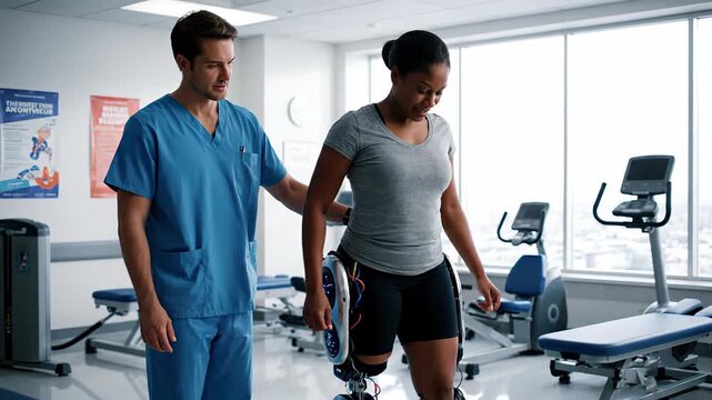 Resolute woman undergoing rehabilitation for a leg amputation, adapting to walking with a cutting edge bionic prosthesis under the guidance of a physical therapist