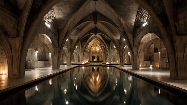 grand bath hall with concrete groin vaults
