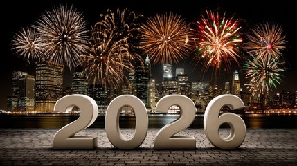 2026 new year celebration with vibrant fireworks over city skyline at night