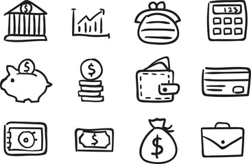 Hand-drawn financial and business icons in black and white