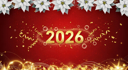 Festive image with poinsettia flowers and confetti on red background, golden 2026 digits. Symbolizes New Year or holiday celebration, winter season