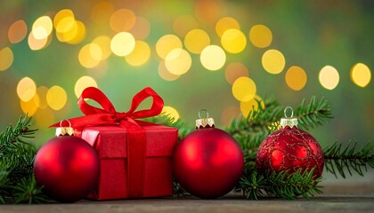 Adornos navide&ntilde;os rojos, una peque&ntilde;a caja de regalo envuelta y ramas de abeto iluminadas c&aacute;lidamente en primer plano. El fondo desenfocado con luces bokeh verdes crea una atm&oacute;sfera navide&ntilde;a acogedora