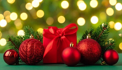 Obraz premium Adornos navideños rojos, una pequeña caja de regalo envuelta y ramas de abeto iluminadas cálidamente en primer plano. El fondo desenfocado con luces bokeh verdes crea una atmósfera navideña acogedora