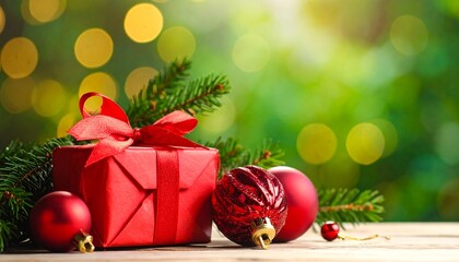 Adornos navide&ntilde;os rojos, una peque&ntilde;a caja de regalo envuelta y ramas de abeto iluminadas c&aacute;lidamente en primer plano. El fondo desenfocado con luces bokeh verdes crea una atm&oacute;sfera navide&ntilde;a acogedora