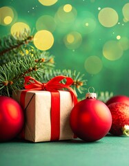 Adornos navide&ntilde;os rojos, una peque&ntilde;a caja de regalo envuelta y ramas de abeto iluminadas c&aacute;lidamente en primer plano. El fondo desenfocado con luces bokeh verdes crea una atm&oacute;sfera navide&ntilde;a acogedora