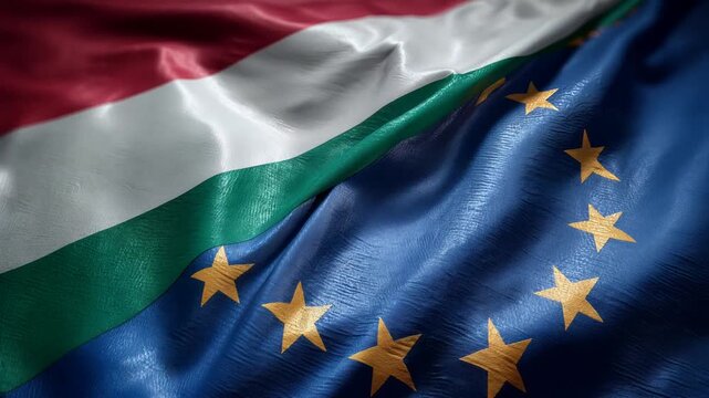 hungarian flag and european union flag waving together. hungary member of the eu