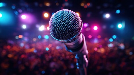 Microphone on stage with vibrant bokeh lights and audience