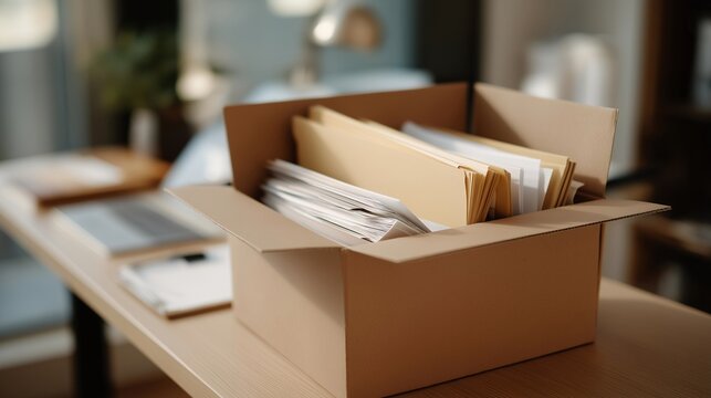 A cardboard box filled with neatly arranged office documents sitting beside a desk, ready for archiving or office reorganization — administrative workflow, business logistics, and corporate