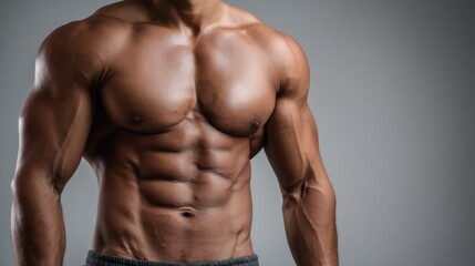 Fototapeta premium Muscle definition is visible on the upper body of a person. The setting is a gym where physical activities take place. The focus is on the torso and strength.