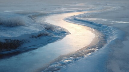 Fototapeta premium A river flows through a snowy area with ice along the banks and a soft light reflecting on the water. The scene shows a chilly morning with a clear sky.