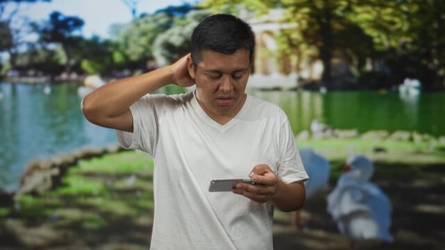 Man holding smartphone with hand on neck in park, squinting at screen in bright sunlight; frustration mobile connectivity problem.