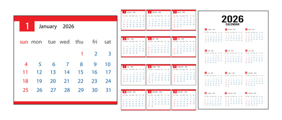 2026 calendar template clipart set. 12 months calendar in minimal lay out clip art collection with days and weekly schedule monthly pages calendar vector illustration design