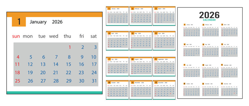 2026 calendar template clipart set. 12 months calendar in minimal lay out clip art collection with days and weekly schedule monthly pages calendar vector illustration design - Powered by Adobe