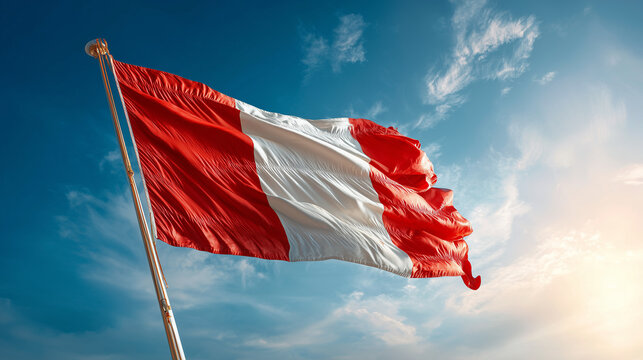 peruvian flag waving in the wind in blue sky peru