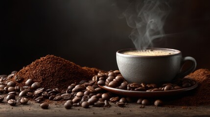 Fototapeta premium A cup of hot coffee sits on a small plate surrounded by ground coffee and coffee beans on a wooden table. Steam rises from the cup showing warmth and inviting aroma.