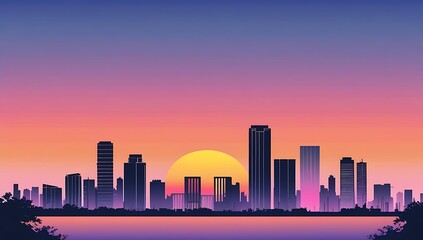Obraz premium Stunning synthwave cityscape silhouette against a vibrant sunset gradient over calm reflective water