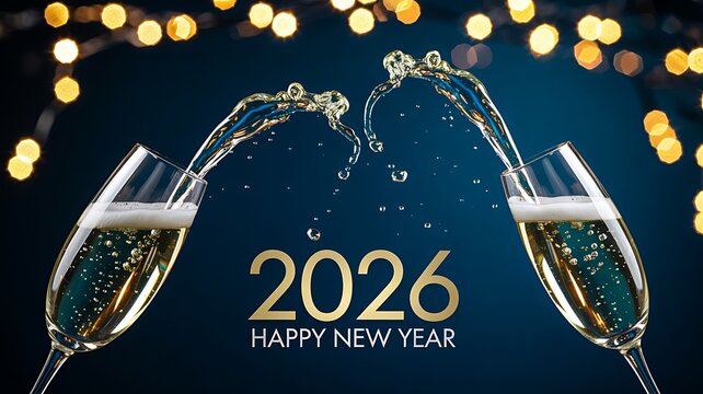Elegant 2026 new year celebration with champagne glasses and sparkling golden bokeh lights
- Powered by Adobe