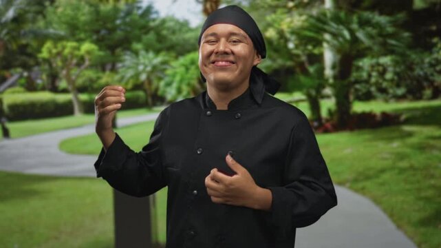 Hispanic man chef in black uniform pinches fingers tasting food in forest park; culinary passion pride.