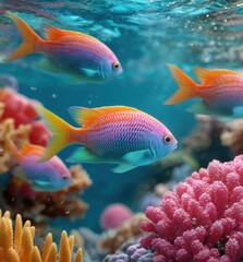 Fototapeta premium colorful fish swimming in the sea, a coral reef, and a blue background