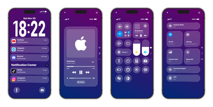 iPhone interface mockup with lock screen notifications, music player, control center, and connectivity settings in modern minimal gradient design vector illustration