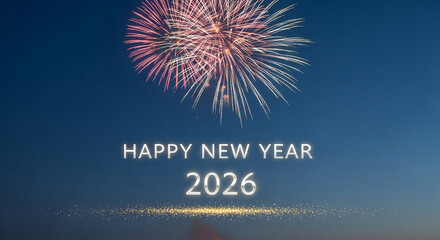 Aerial burst of red and white firework against a blue dusk sky, with "Happy New Year 2026" text. Representative of celebration, festivity and new beginning
