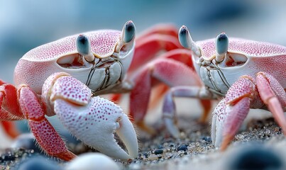two crabs fighting on the beach, with water in the background.