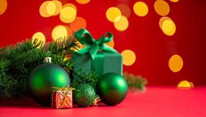 Fototapeta premium Adornos navideños verdes, una pequeña caja de regalo envuelta y ramas de abeto iluminadas cálidamente en primer plano. El fondo desenfocado con luces bokeh verdes crea una atmósfera navideña acogedora