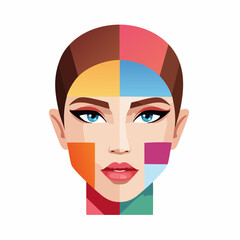 Vibrant Multi-Colored Face Illustration of a Woman with Colorful Segments on Her Skin from Different Angles