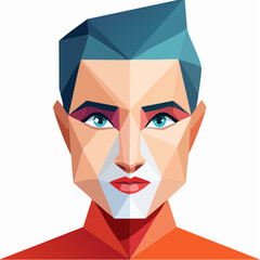 Geometric portrait of a person with blue hair and striking facial features in a modern art style