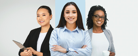 Three business individuals display confidence and professionalism in a collage. Each person showcases a unique style while engaged in a collaborative work environment.