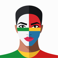 A person with a divided face painted in the colors of the South African flag, symbolizing unity and diversity, portrait illustration