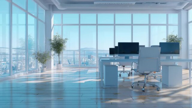 Modern office space with large windows offering mountain view during daylight