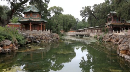 Naklejka premium Pavilions and trees reflected in a calm garden pond. The area has green water and surrounded by rocks and plants in a historic park in China.