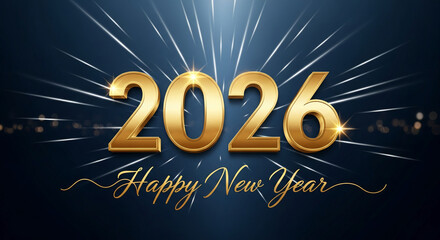 Golden 2026 and "Happy New Year" on a dark blue background with rays, symbolizing a festive celebration of the new year with optimism and shine
